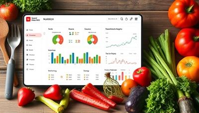 An AI-powered nutrition dashboard displaying customized meal plans, nutritional analysis charts, and health tracking metrics, accompanied by fresh fruits and vegetables, cooking utensils, and a fitness tracker, promoting a wholesome and personalized approach to nutrition with NutriGenix's service.