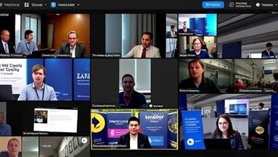 An online bootcamp session in progress with participants engaged in group discussions, virtual breakout rooms for hands-on exercises, and a virtual career fair showcasing job opportunities, conveying a dynamic and interactive learning environment.