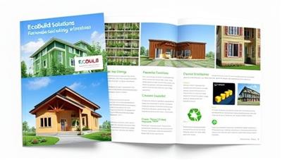 A digital brochure featuring sustainable building designs, renewable energy solutions, and green materials, highlighting the eco-friendly and innovative services offered by EcoBuild Solutions for sustainable real estate development.
