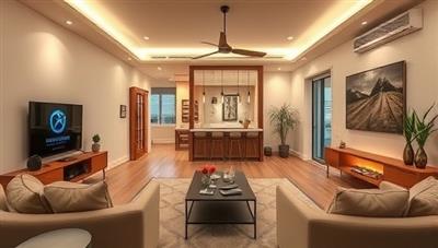 A modern living room with smart home devices like voice-controlled assistants, automated lighting, and security cameras seamlessly integrated, illustrating the convenience and sophistication of IntelliHomes' automation services.