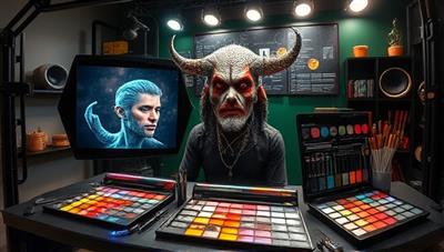 An imaginative visual featuring a virtual makeup studio setup with a special effects makeup artist demonstrating the creation of a fantastical creature look using digital brushes and effects, surrounded by a virtual palette of colors, textures, and makeup tools, showcasing the artistry and creativity of FXFace Studio's online makeup workshops.