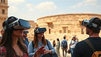 A group of virtual tourists exploring an ancient civilization through a VR headset, witnessing historical events and interacting with virtual characters in a vividly recreated historical setting, capturing the immersive and educational experience of TimeWarp Expeditions' virtual time travel tours.