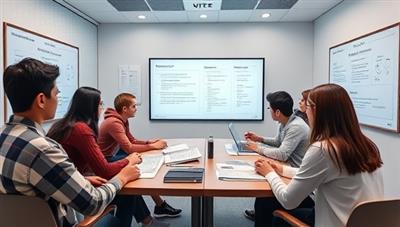 An immersive virtual study room environment with students from different backgrounds interacting, sharing notes, and discussing academic topics on digital screens, whiteboards, and study materials, fostering a sense of collaboration and learning synergy.