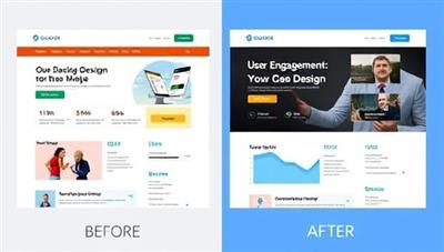A split-screen image showing a website layout before and after data-driven optimization, with the optimized version displaying improved user engagement metrics and conversion rates, visually demonstrating the impact of data-driven design enhancements.