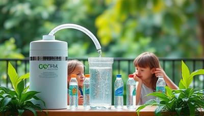 A captivating visual featuring a family enjoying clean, filtered water from a sustainable filtration system, surrounded by lush greenery and reusable water bottles, symbolizing a commitment to eco-conscious living and healthy hydration habits.