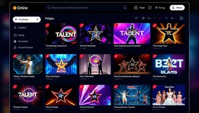 An online platform interface displaying a variety of talent show categories, vibrant visuals, and user-friendly navigation, showcasing the diversity and excitement of the talent showcase platform.