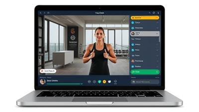 A virtual fitness session screen featuring a coach guiding participants through a workout, with motivational messages and progress trackers, showcasing the interactive and engaging nature of the virtual fitness coaching platform.