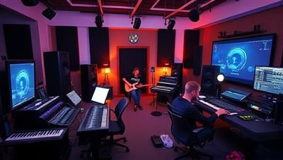 An immersive music production workshop setting with participants experimenting with audio equipment, digital interfaces, and musical instruments in a virtual studio environment, fostering creativity, collaboration, and innovation in music creation.