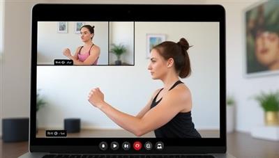 An online workout session with a coach guiding a client through exercises via a video call, showcasing the virtual coaching experience and personalized approach to fitness.