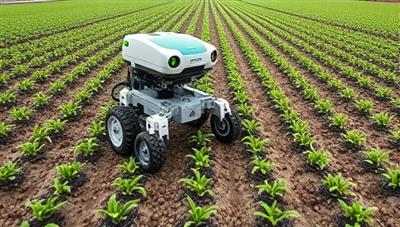 An agricultural robot in action, autonomously planting seeds in a precise pattern in a farm field, showcasing the efficiency and accuracy of robotic farming technology.