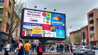 An image of a vibrant digital billboard displaying multiple local ads in a busy neighborhood setting.