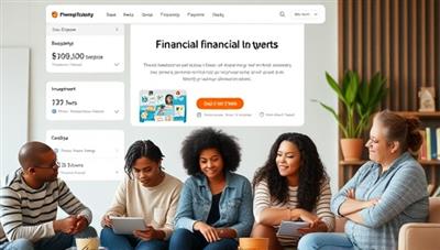 A modern and sleek financial education platform interface featuring budgeting tools, investment guides, and expert-led webinars, with diverse individuals learning and discussing financial topics, promoting a community-focused approach to financial literacy.