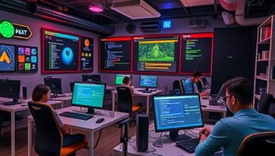 An immersive coding workshop setting featuring a virtual classroom environment with coding terminals, digital project boards, coding challenges, and tech-themed decor, showcasing the collaborative and hands-on learning experience provided by CodeCrafters for individuals interested in mastering coding skills and software development.