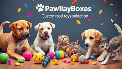 An artistic representation of a playful scene with pets enjoying PawPlay Boxes' customized toy selection, featuring dogs and cats engaged in interactive play with colorful toys and treats, capturing the joy and excitement of pet enrichment and playtime.