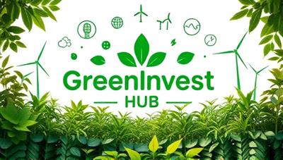 An eco-friendly and nature-inspired design featuring the GreenInvest Hub logo surrounded by lush greenery, renewable energy icons, and sustainable investment symbols, creating a visually appealing representation of the platform's focus on sustainable finance.