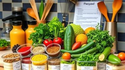 A colorful and vibrant kitchen countertop filled with an assortment of exotic spices, fresh herbs, and unique ingredients neatly arranged in small containers, with a recipe card and cooking utensils in the background, exuding an air of culinary exploration and creativity.