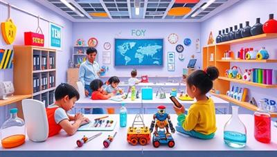 An imaginative and colorful virtual STEM lab setting with kids exploring robotics, coding, and experiments under the guidance of enthusiastic instructors, highlighting the fun and educational environment created by STEM Stars Academy.