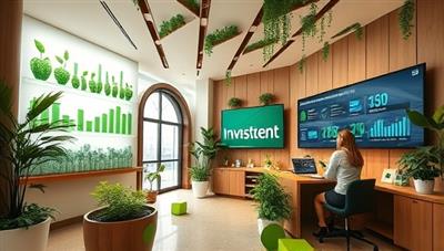 An eco-friendly investing hub with modern and sustainable design elements, showcasing green investment options, digital screens displaying impact metrics, and advisors engaging with clients on sustainable investing strategies, reflecting a commitment to financial growth and positive change.