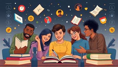 An artistic depiction of a diverse group of writers engaged in a virtual storytelling session, surrounded by floating story elements and literary motifs, with digital pens and books symbolizing creativity and collaboration within the StoryForge Hub community platform.