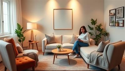 A cozy virtual therapy room setup with comfortable seating, soft lighting, and virtual counseling sessions taking place between a counselor and a client, emphasizing the confidential and supportive space for relationship coaching and emotional wellness in an online setting.