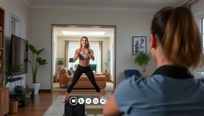 An energetic virtual fitness session with a trainer guiding a user through exercises via a video call, showcasing a dynamic and interactive workout experience from the comfort of home.