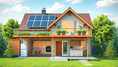 An eco-friendly smart home with solar panels, energy-efficient appliances, and smart devices controlled by a central hub, showcasing a sustainable and technologically advanced living environment through GreenHome Tech Solutions.