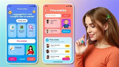 A vibrant and dynamic app interface showcasing different language lessons and interactive exercises, with a user engaging with the pronunciation feedback feature, reflecting the app's user-friendly and innovative approach to language learning.