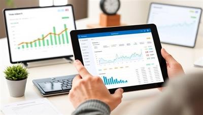 A digital finance workspace displaying a user interacting with WealthWhiz AI on a tablet, reviewing financial charts, setting budget goals, and exploring investment options, conveying a sense of financial empowerment and control through smart finance management.