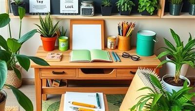 A visually appealing image of a student's desk adorned with eco-friendly school supplies made from recycled materials, surrounded by green plants and sustainable packaging, conveying the essence of environmentally friendly learning tools.