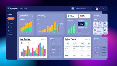 An engaging visual depiction of the Freelance FinTech Hub platform dashboard showcasing colorful graphs of income and expenses, invoice creation tools, retirement planning calculators, and tax estimation widgets, illustrating a comprehensive and user-centric approach to freelance finance management.