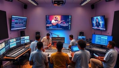 A vibrant virtual classroom setting with multiple screens displaying music production software, musical instruments, and a diverse group of students interacting and creating music together, fostering a collaborative and innovative atmosphere.
