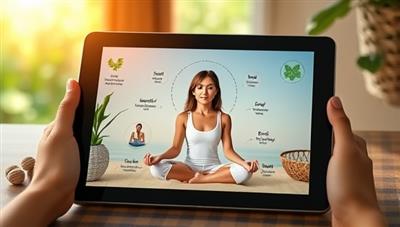 A soothing virtual meditation session displayed on a tablet screen, featuring a mindfulness coach guiding a session with calming visuals, relaxation techniques, and nature sounds, surrounded by peaceful imagery and wellness symbols, promoting mental well-being and self-care through MindfulJourney.