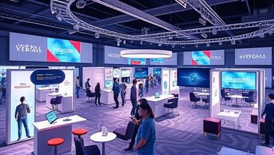 An imaginative digital illustration depicting a virtual event space with interactive booths, networking lounges, and engaging presentations, creating a dynamic and futuristic event atmosphere within a virtual realm.