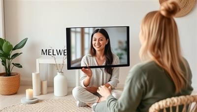A mental wellness coach conducting a virtual therapy session with a client, providing emotional support and guidance through a video call, with calming decor elements and mindfulness tools in the background, creating a safe and nurturing space for healing and growth.