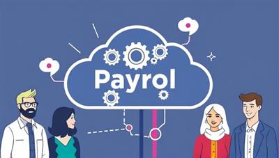 An illustration of a cloud-based payroll platform with interconnected gears symbolizing seamless payroll processing, surrounded by smiling business owners and employees, portraying ease and efficiency in payroll management.