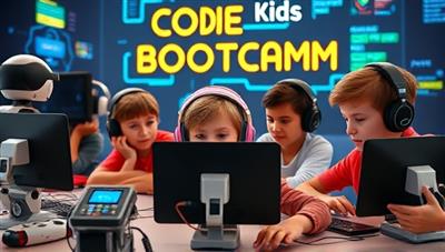 A dynamic virtual coding bootcamp scene with a group of enthusiastic kids wearing headphones and interacting with coding software on their screens, surrounded by digital robots and colorful code blocks, sparking creativity and learning at CodeQuest Kids.