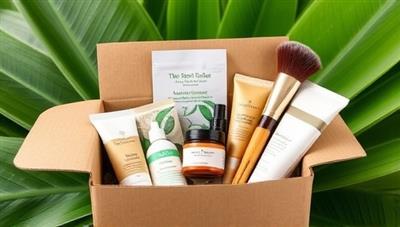 An eco-friendly beauty subscription box filled with natural skincare products, bamboo makeup brushes, recycled packaging, and a leafy green background, symbolizing sustainability and conscious beauty choices.