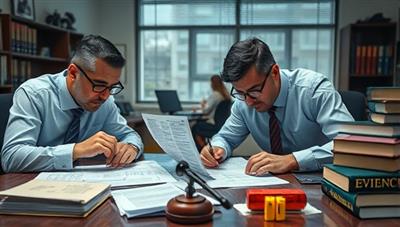 An office setting with forensic accountants examining financial documents through magnifying glasses and using forensic tools, surrounded by legal books and evidence markers, illustrating the meticulous and investigative nature of ForenScope's services.