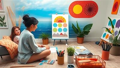 A therapeutic art session in progress with a client engaging in creative expression, surrounded by colorful art supplies, calming visuals, and a supportive art therapist guiding the process in a virtual studio environment that promotes healing and self-discovery.