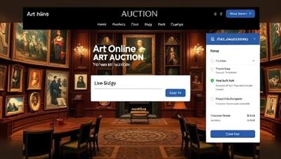 An online art auction platform featuring a diverse selection of artworks, a live bidding interface, and virtual galleries showcasing different art styles and genres, with elegant visuals and sophisticated design elements that evoke the atmosphere of a traditional art auction house in a digital setting.