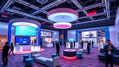 A futuristic digital rendering of a virtual event space, featuring interactive booths, networking lounges, and engaging presentations, illustrating the concept of a dynamic and immersive virtual experience for attendees.