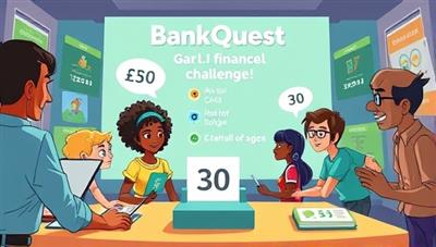 An animated scene of diverse characters engaging in a virtual financial challenge within the BankQuest platform, showcasing colorful graphics, interactive elements, and a competitive yet educational atmosphere, highlighting the gamified approach to financial learning.