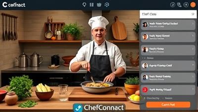 A virtual cooking class setting with a chef demonstrating a recipe, surrounded by ingredients, kitchen utensils, and a live chat feature for participants to ask questions and interact during the culinary experience with ChefConnect.