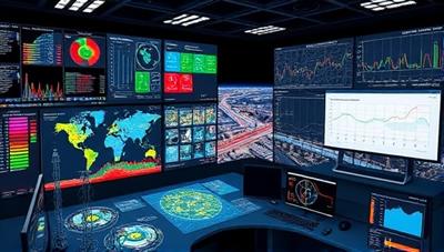 A control room visualization displaying a city's smart grid operations in real-time, with data streams, energy flow diagrams, and predictive analytics charts, illustrating the software's intelligent grid optimization capabilities and efficiency gains.