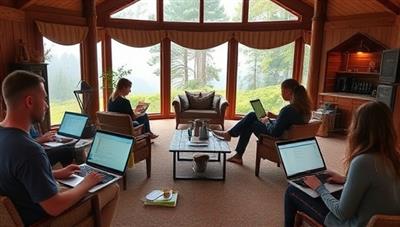 A serene virtual retreat setting with multiple writers engaged in creative writing sessions on their laptops, surrounded by nature-inspired backgrounds, cozy writing nooks, and virtual group workshops, fostering a sense of community, focus, and inspiration for writing enthusiasts seeking a tranquil and immersive retreat experience.