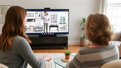 A virtual interior design consultation session in progress, featuring a designer using digital mood boards and 3D renderings to present design concepts to a client via a video call, highlighting the convenience and effectiveness of remote design services offered by DesignVision Virtual.