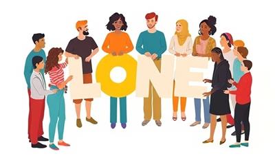 An illustration depicting a diverse group of individuals standing together in a circle, each holding a piece of a puzzle that forms the word 