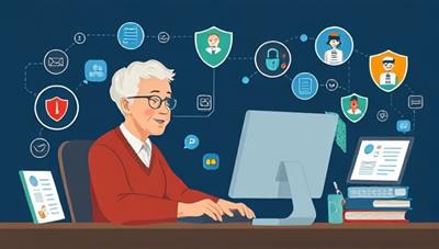 An educational illustration showing a senior individual using a computer with a shield symbolizing protection, surrounded by various cybersecurity icons and educational materials, representing the empowerment and security provided by SilverShield Cyber's training services.