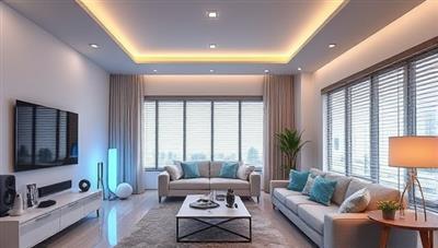 An image of a modern living room with integrated smart home devices like voice-controlled speakers, smart lighting, and automated blinds, creating a futuristic and comfortable home environment.