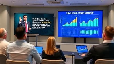 An engaging virtual seminar setup featuring a professional speaker delivering a dynamic presentation on real estate investment strategies, with digital charts and graphs displayed on screens, creating an interactive and educational environment for attendees.